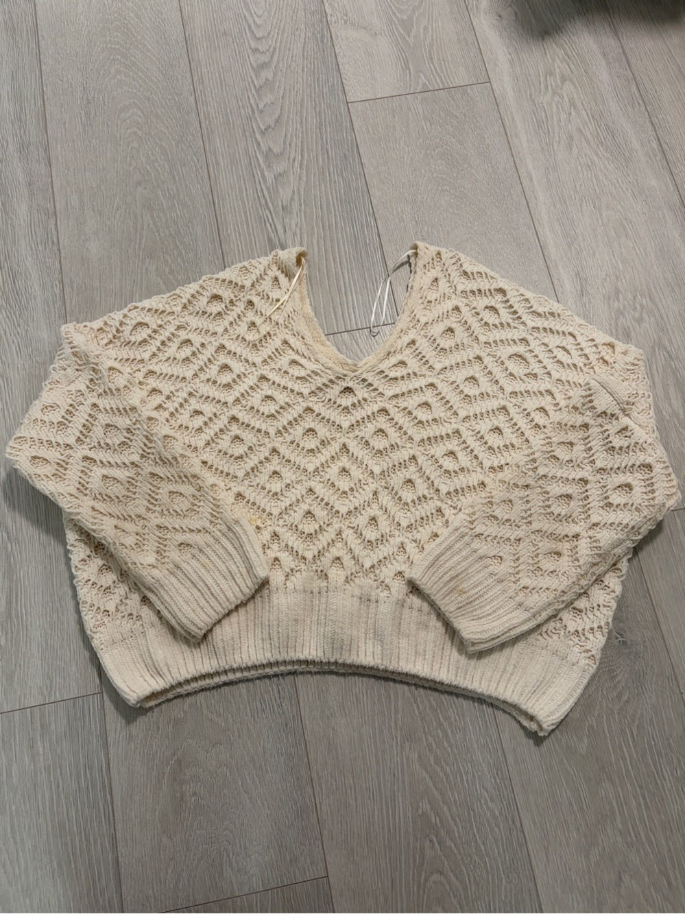 Women's Cream Openwork V-Neck Knit Sweater